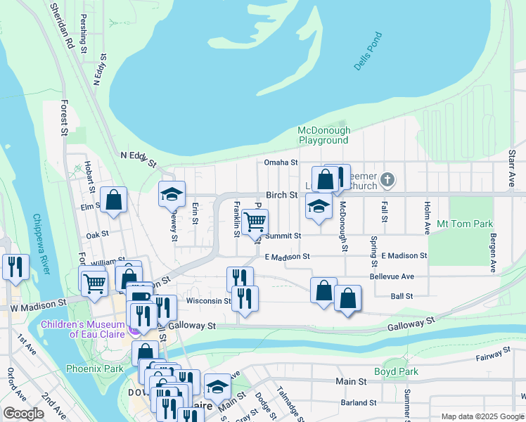 map of restaurants, bars, coffee shops, grocery stores, and more near 545 Putnam Street in Eau Claire