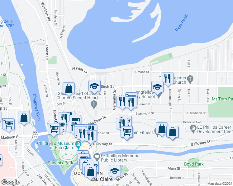 map of restaurants, bars, coffee shops, grocery stores, and more near 558 Germania Street in Eau Claire