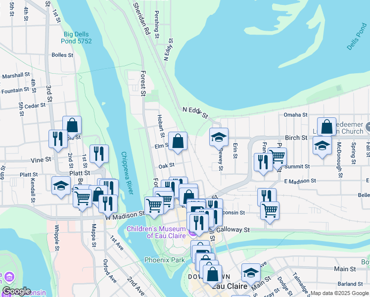 map of restaurants, bars, coffee shops, grocery stores, and more near 636 North Barstow Street in Eau Claire