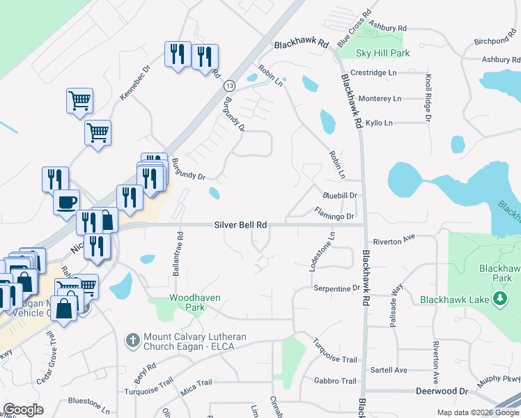 map of restaurants, bars, coffee shops, grocery stores, and more near 1887 Silver Bell Road in Eagan