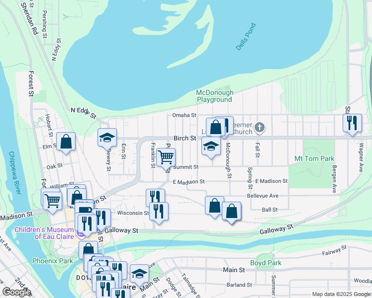 map of restaurants, bars, coffee shops, grocery stores, and more near 537 Cochrane Street in Eau Claire