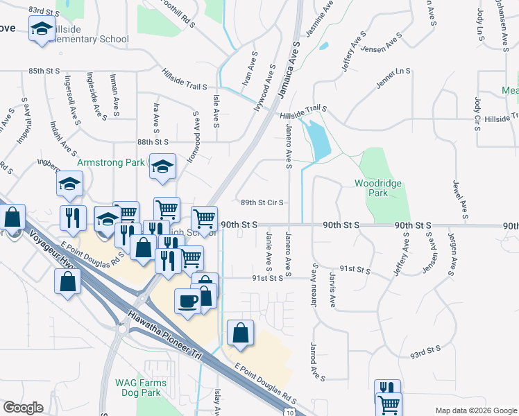 map of restaurants, bars, coffee shops, grocery stores, and more near 8927 89th Street Circle South in Cottage Grove