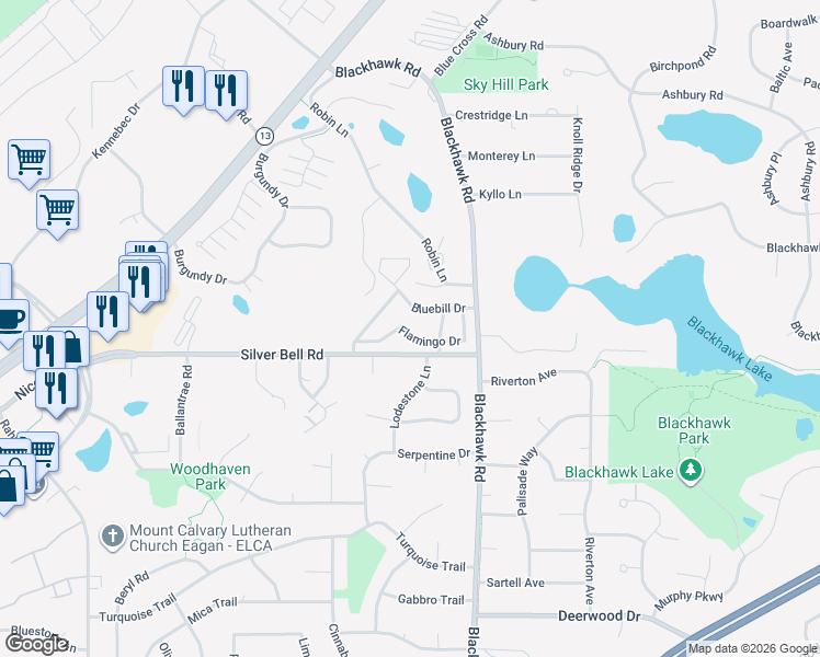 map of restaurants, bars, coffee shops, grocery stores, and more near 1743 Flamingo Drive in Eagan