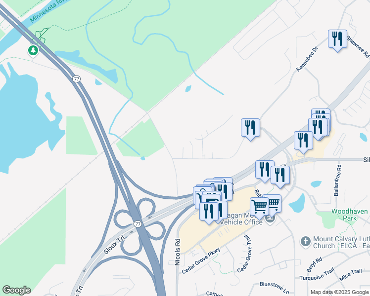 map of restaurants, bars, coffee shops, grocery stores, and more near 2139 Silver Bell Road in Eagan