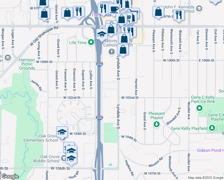 map of restaurants, bars, coffee shops, grocery stores, and more near 719 Southglen Drive in Minneapolis