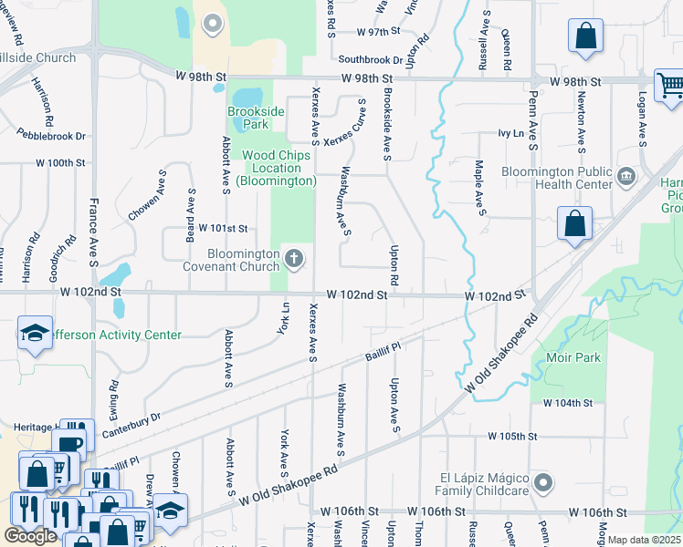 map of restaurants, bars, coffee shops, grocery stores, and more near 2917 West 101st Street in Minneapolis