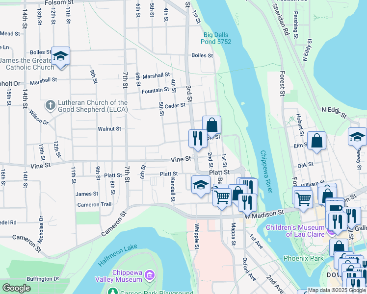map of restaurants, bars, coffee shops, grocery stores, and more near 2029 4th Street in Eau Claire