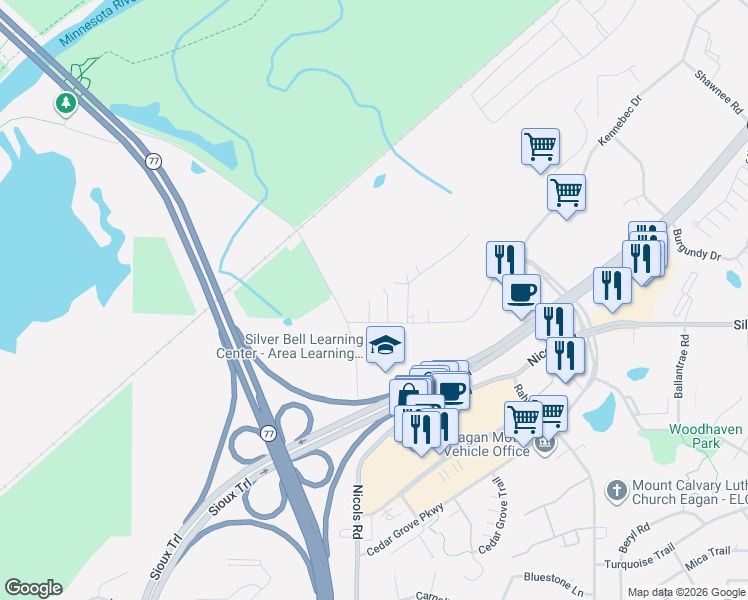 map of restaurants, bars, coffee shops, grocery stores, and more near 2139 Silver Bell Road in Eagan