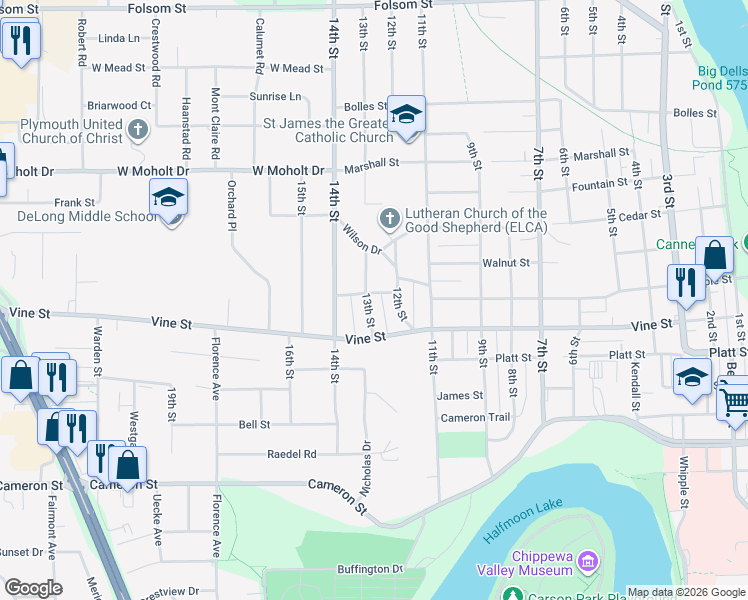 map of restaurants, bars, coffee shops, grocery stores, and more near 2043 13th Street in Eau Claire