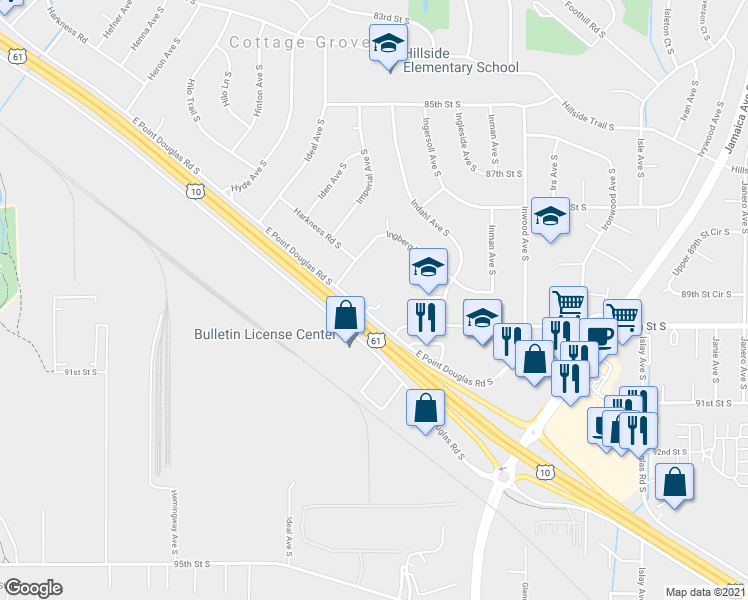 map of restaurants, bars, coffee shops, grocery stores, and more near 8136 East Point Douglas Road South in Cottage Grove