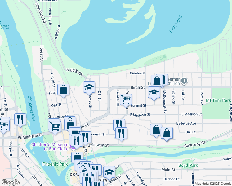 map of restaurants, bars, coffee shops, grocery stores, and more near 556 Franklin Street in Eau Claire