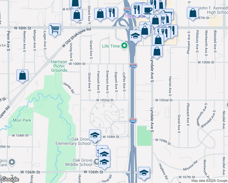 map of restaurants, bars, coffee shops, grocery stores, and more near 10124 Dupont Avenue South in Minneapolis