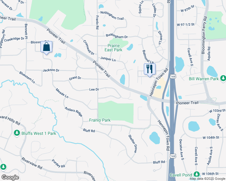 map of restaurants, bars, coffee shops, grocery stores, and more near 10211 Lee Drive in Eden Prairie