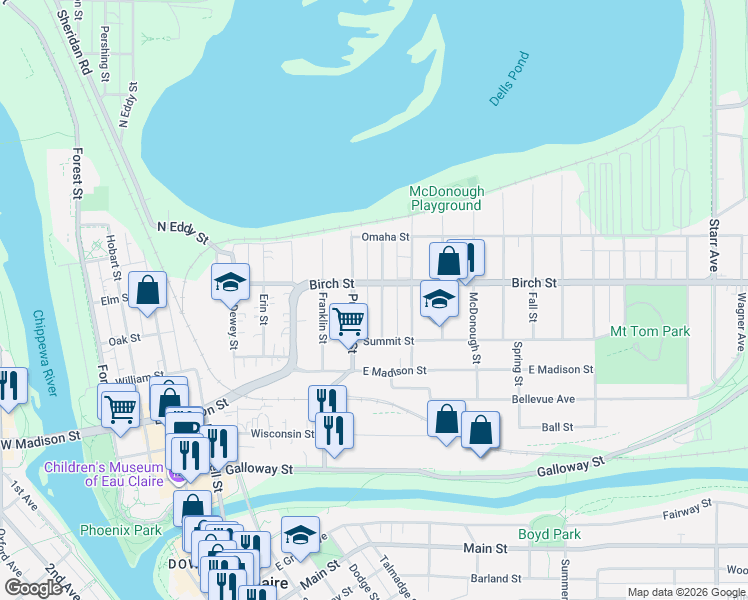 map of restaurants, bars, coffee shops, grocery stores, and more near 545 Putnam Street in Eau Claire