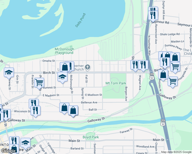 map of restaurants, bars, coffee shops, grocery stores, and more near 535 Churchill Street in Eau Claire