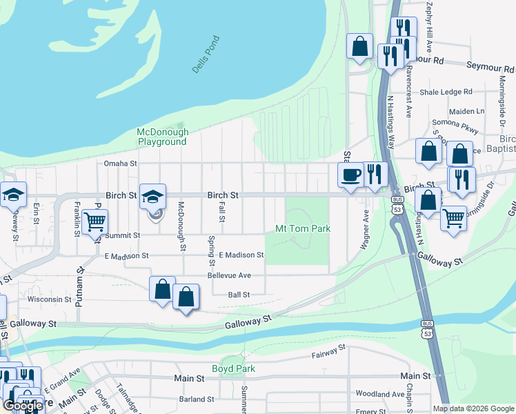map of restaurants, bars, coffee shops, grocery stores, and more near 531 Holm Avenue in Eau Claire