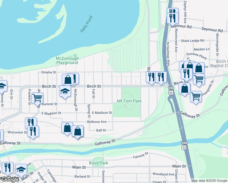 map of restaurants, bars, coffee shops, grocery stores, and more near 531 Holm Avenue in Eau Claire