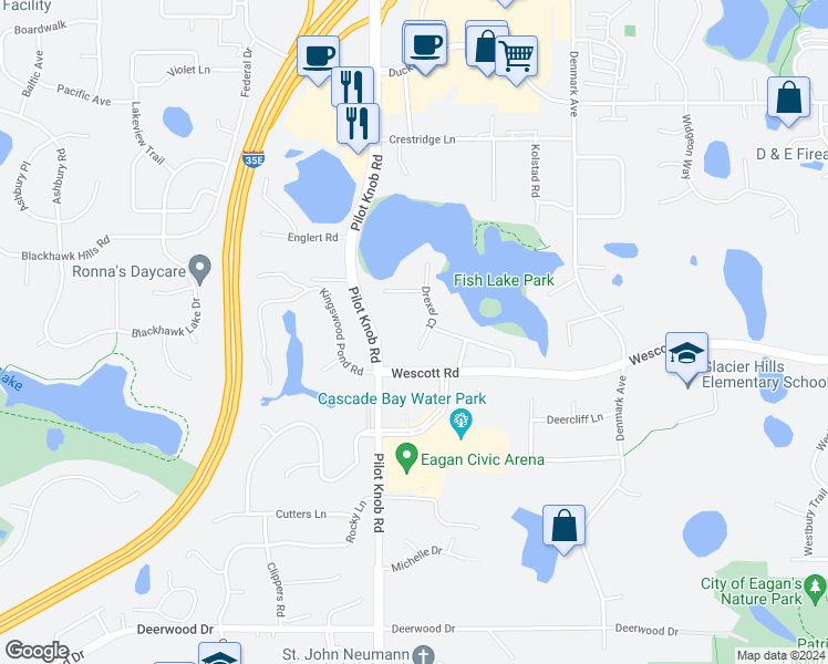 map of restaurants, bars, coffee shops, grocery stores, and more near 3765 Drexel Court in Eagan