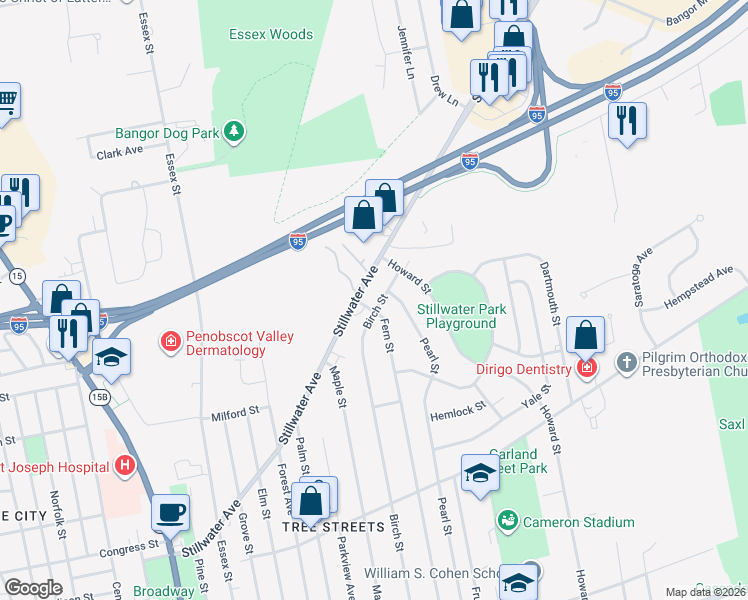 map of restaurants, bars, coffee shops, grocery stores, and more near 458 Birch Street in Bangor