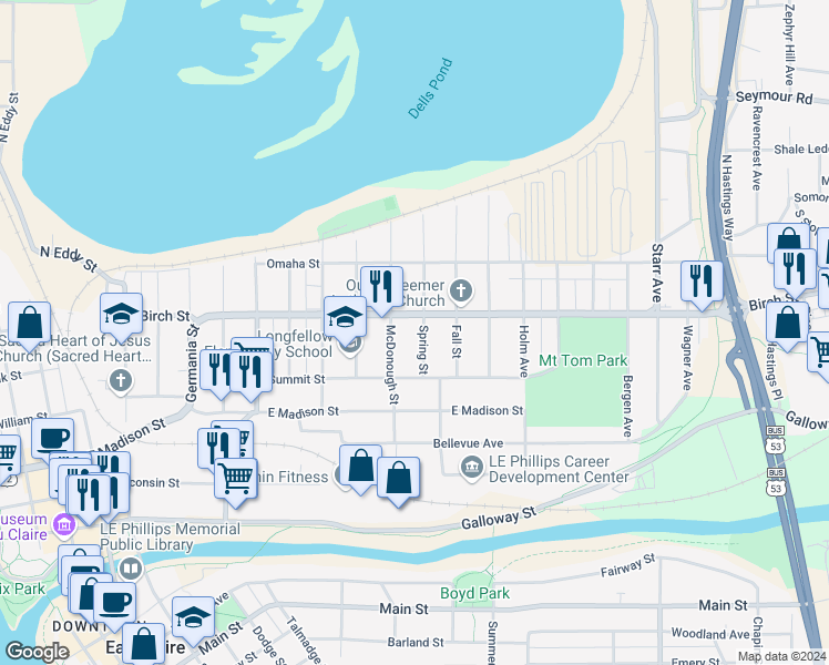 map of restaurants, bars, coffee shops, grocery stores, and more near 538 Spring Street in Eau Claire