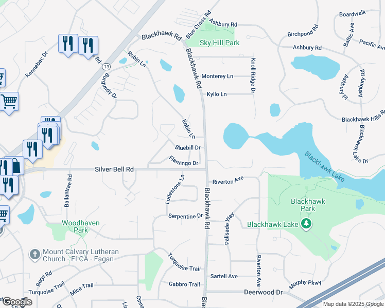 map of restaurants, bars, coffee shops, grocery stores, and more near 3776 Red Robin Lane in Eagan