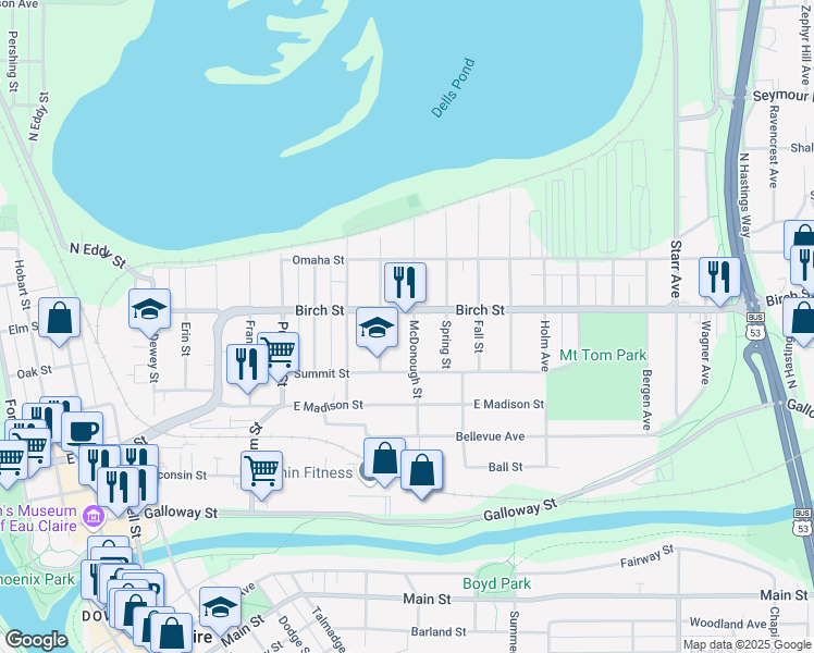 map of restaurants, bars, coffee shops, grocery stores, and more near 552 McDonough Street in Eau Claire