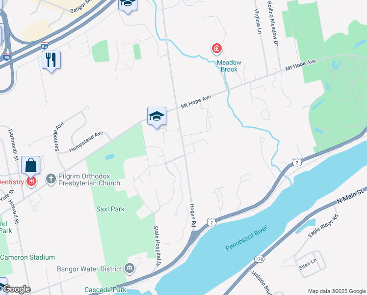 map of restaurants, bars, coffee shops, grocery stores, and more near 200 Hogan Road in Bangor