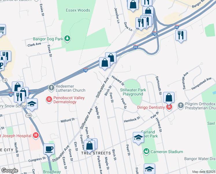 map of restaurants, bars, coffee shops, grocery stores, and more near 458 Birch Street in Bangor