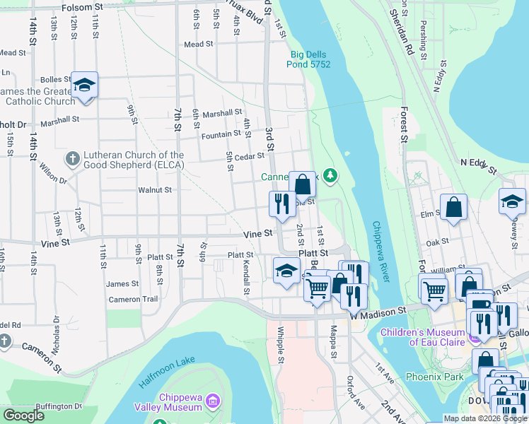map of restaurants, bars, coffee shops, grocery stores, and more near 2029 4th Street in Eau Claire