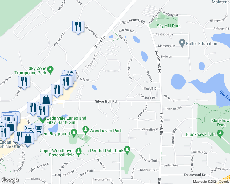 map of restaurants, bars, coffee shops, grocery stores, and more near 1871 Silver Bell Road in Saint Paul