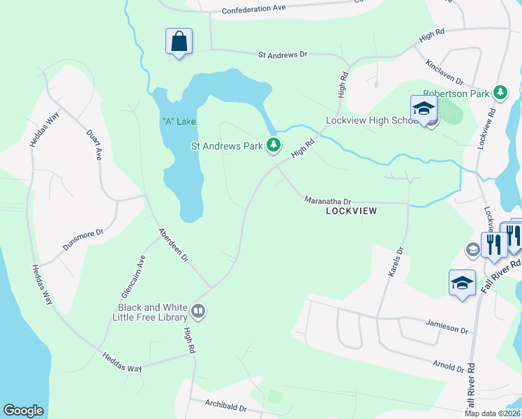 map of restaurants, bars, coffee shops, grocery stores, and more near 502 High Road in Fall River