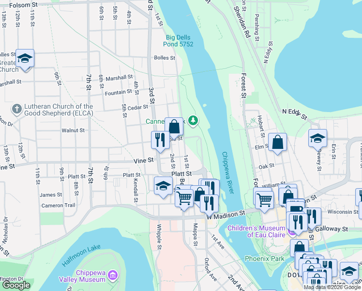 map of restaurants, bars, coffee shops, grocery stores, and more near 2027 2nd Street in Eau Claire