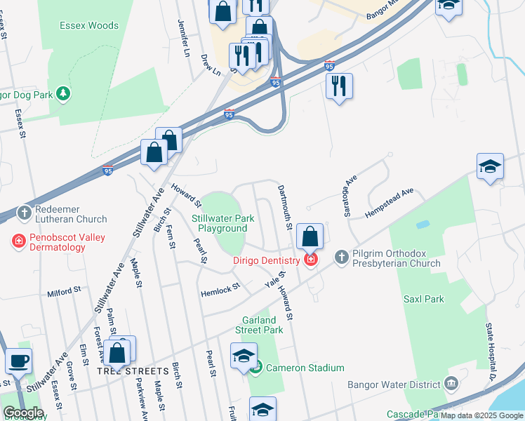 map of restaurants, bars, coffee shops, grocery stores, and more near 111 Harvard Street in Bangor