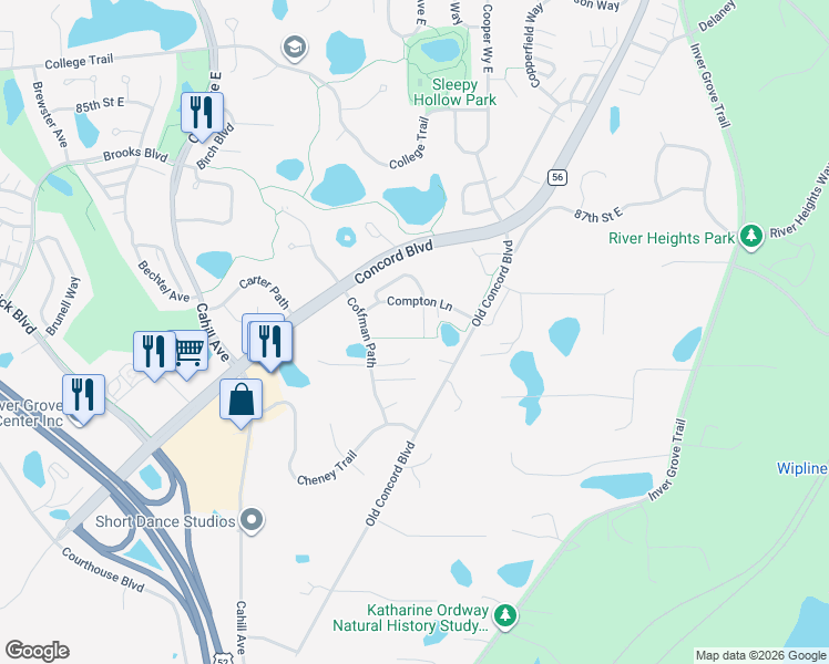 map of restaurants, bars, coffee shops, grocery stores, and more near 8900 Compton Drive in Inver Grove Heights