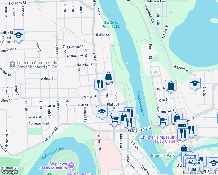 map of restaurants, bars, coffee shops, grocery stores, and more near 2027 2nd Street in Eau Claire