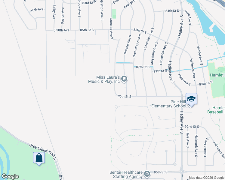 map of restaurants, bars, coffee shops, grocery stores, and more near 8926 Granada Avenue South in Cottage Grove