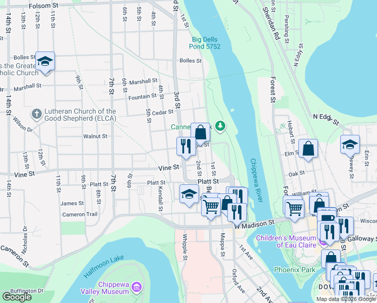 map of restaurants, bars, coffee shops, grocery stores, and more near 2027 3rd Street in Eau Claire
