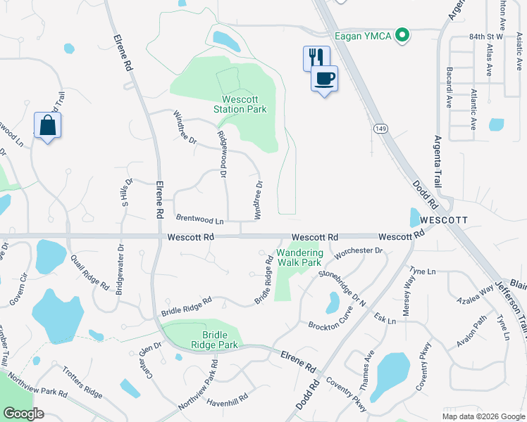 map of restaurants, bars, coffee shops, grocery stores, and more near 3766 Windtree Drive in Eagan