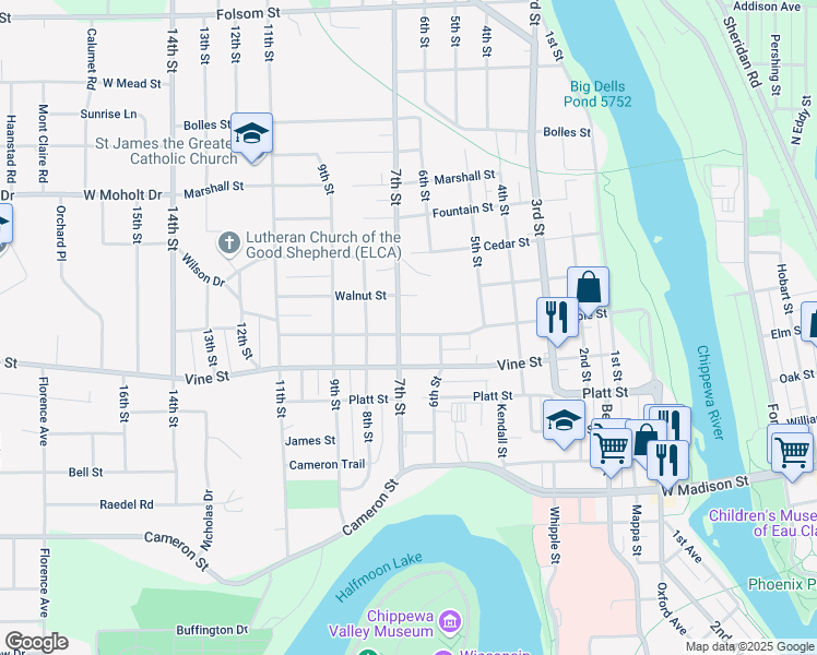 map of restaurants, bars, coffee shops, grocery stores, and more near 624 Maple Street in Eau Claire