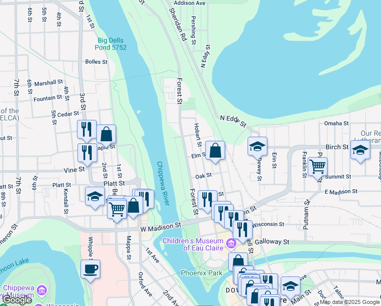 map of restaurants, bars, coffee shops, grocery stores, and more near 706 Hobart Street in Eau Claire