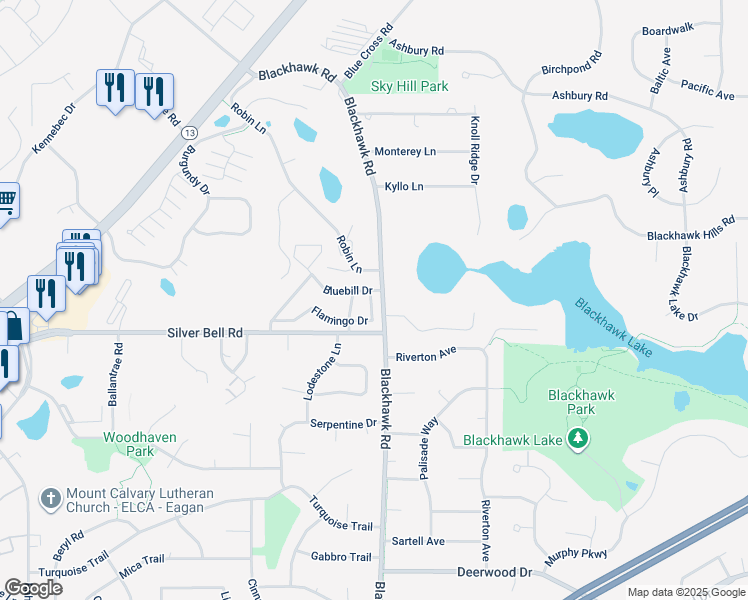 map of restaurants, bars, coffee shops, grocery stores, and more near 3776 Red Robin Lane in Eagan