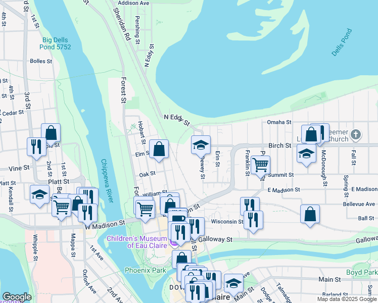 map of restaurants, bars, coffee shops, grocery stores, and more near 550 North Dewey Street in Eau Claire