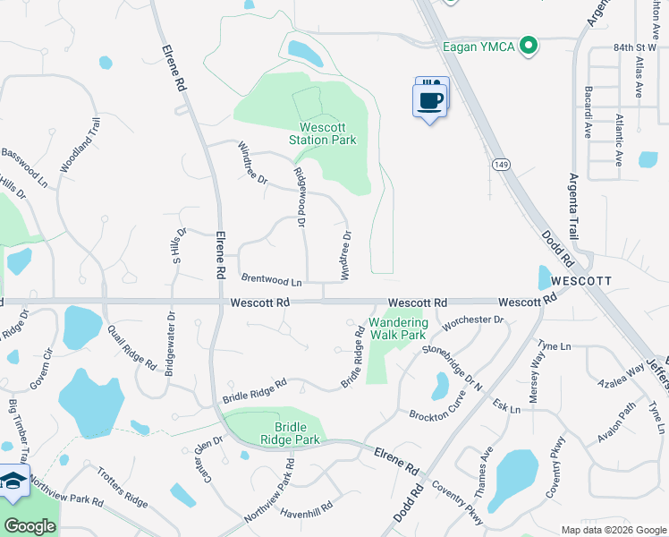 map of restaurants, bars, coffee shops, grocery stores, and more near 3766 Windtree Drive in Eagan