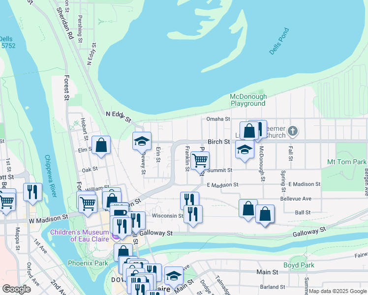 map of restaurants, bars, coffee shops, grocery stores, and more near 558 Franklin Street in Eau Claire
