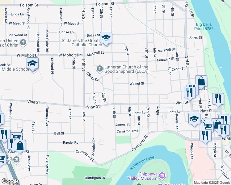 map of restaurants, bars, coffee shops, grocery stores, and more near 2107 11th Street in Eau Claire