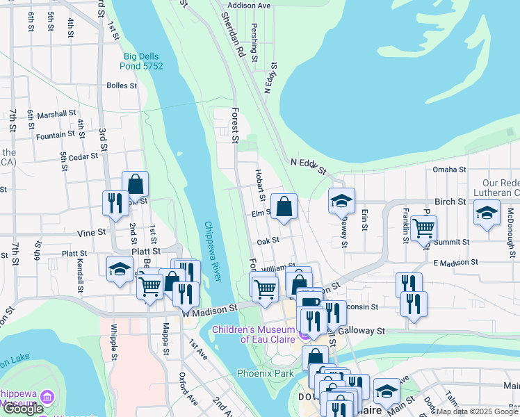 map of restaurants, bars, coffee shops, grocery stores, and more near 706 Hobart Street in Eau Claire