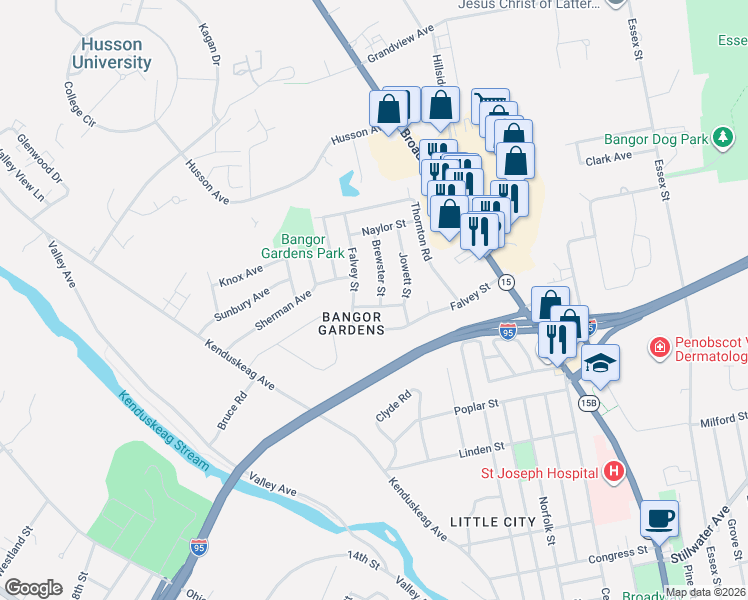 map of restaurants, bars, coffee shops, grocery stores, and more near 15 Nash Street in Bangor