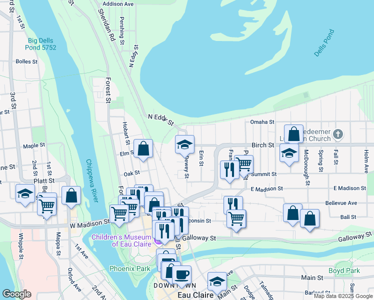 map of restaurants, bars, coffee shops, grocery stores, and more near 558 Erin Street in Eau Claire