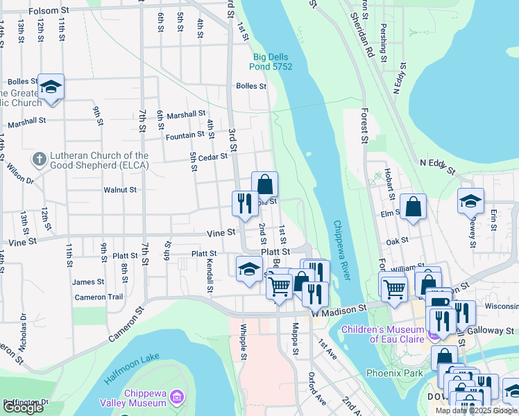 map of restaurants, bars, coffee shops, grocery stores, and more near 2027 2nd Street in Eau Claire