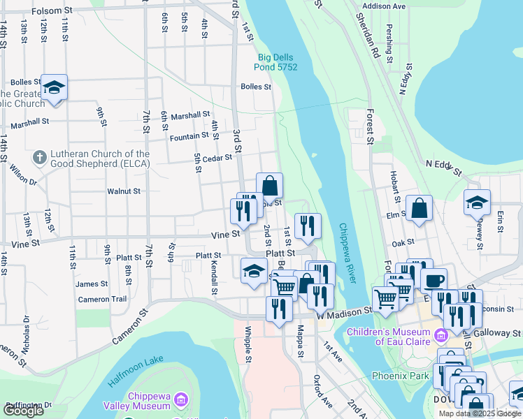 map of restaurants, bars, coffee shops, grocery stores, and more near 2027 2nd Street in Eau Claire